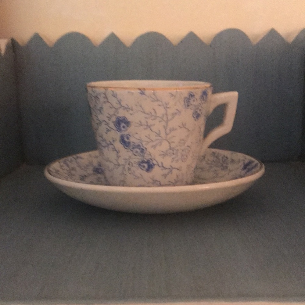 Antique Blue and White Floral Tiny Teacup and Saucer